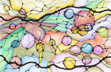 Fototapeta na wymiar Hand passes key, balls, bubbles, circles, lines, neuro art neurographics concept colorful abstract pencil and markers drawing