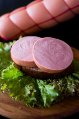 sausage on a plate. sausage and salad. meat and sausage. Cooked sausage. Pieces of sausage on black bread. 
