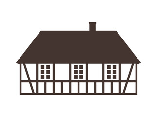 Brown half-timbered thatched roof house. Flat facades vector illustration	