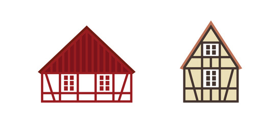 Set of half-timbered houses. Flat facades vector illustrations
