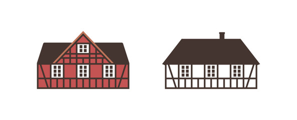 Set of half-timbered houses. Flat facades vector illustrations