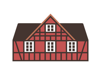 Red half-timbered thatched roof house. Flat facades vector illustration	