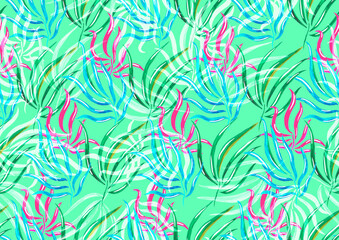 Fototapeta na wymiar Seamless pattern with bright palm leaves on green