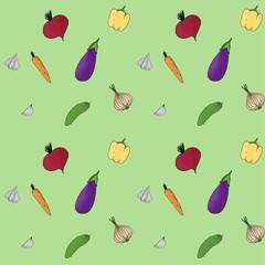 seamless, background, flat color illustration, fresh vegetables, carrots, onions, beets, garlic, cucumber, eggplant,