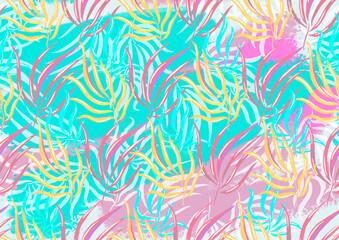 Fototapeta na wymiar Seamless pattern with rainbow palm leaves on blue