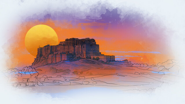 Mehrangarh fort, Rajasthan, India. Artistic sketch. Hand painted postcard, poster, book illustration