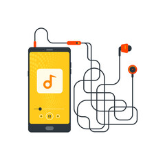 Headphones, Mobile with tangled headset cord, listening to music, Music player, Earbuds, Earphone, Tied up wire, audio device, Prints for cloths and cover