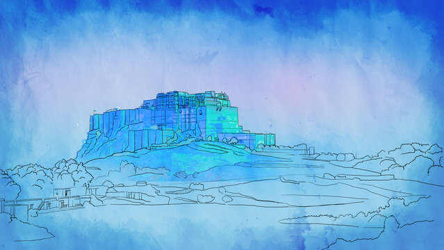 Mehrangarh fort, Rajasthan, India. Bluecity Artistic sketch. Hand painted postcard, poster, book illustration