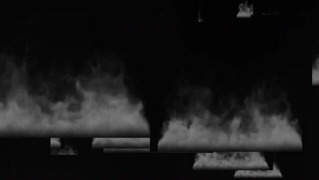 Abstract image of smoke from a campfire at night on moving video screens in infinite space. Beautiful natural background. 3D. 4K, isolated black background.