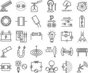 A set of physics electromagnetism vector line icons. Electrostatics, Electric field, Conductor, Electrodynamics, Electric Current, Magnetic field, Faraday's law, Inductance, Electromagnetic waves.