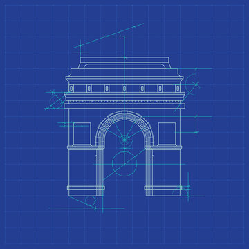blueprint, monument, architect drawing, ancient arch gate, sketch of the construction of antique arch structure 