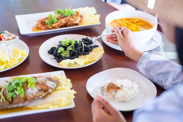 set of seafood and Thai food for lunch