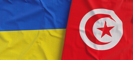 Flags of Ukraine and Tunisia. Linen flag close-up. Flag made of canvas. Ukrainian, Kyiv. Tunisian, Africa. National symbols. 3d illustration.