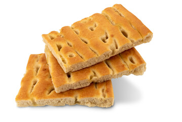 Focaccia bread ligurian tipical of Genova - bread of sourdough and olive oil - stack of three slices isolated on white, clipping path included
