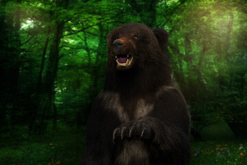 Stuffed brown adult bear on a green background.Taxidermy of wild animals.