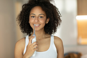 Beautiful woman brushing her teeth with an irrigator looking at the camera