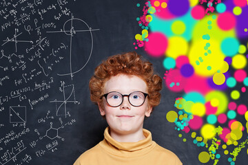 Cute little boy face on science and arts pattern on chalkboard background