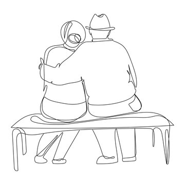 Elderly Couple.Line Art Old Woman Man Sitting On Bench In City Park Back View Vector Illustration Continuous Line Drawing.Happy Grandparents