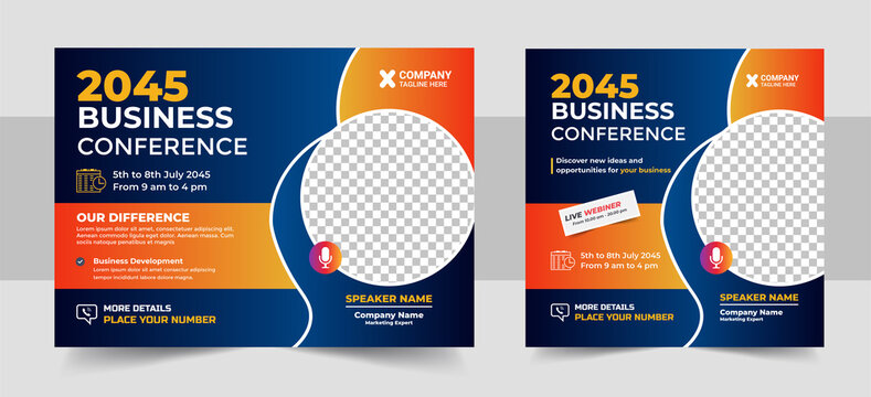 Conference flyer and invitation banner template design, Annual corporate business workshop, meeting & training promotion poster. Online digital marketing horizontal cover layout
