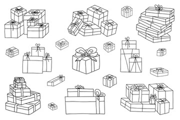 Set of various hand drawn gift boxes. Isolated black on white elements for design