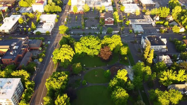 Aerial flying over Corvallis, Oregon, Central Park, Downtown, Drone View