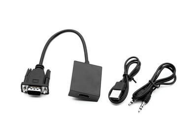 Black VGA to HDMI Adapter, cable connector for computer device , isolated on white background....