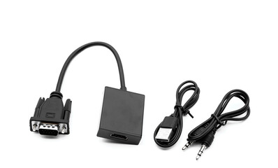 Black VGA to HDMI Adapter, cable connector for computer device , isolated on white background. Concept : Tool for connection of screen monitors or projectors in analog and digital devices.  Technology