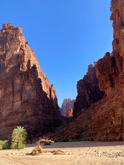 Naklejka premium Limestone rock formation and engraved the history in it, view from the beautiful Wadi Disa, Saudi Arabia