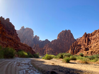 Beautiful valley view from the Wadi Disah with full of green grass and flower with limestone rock formation