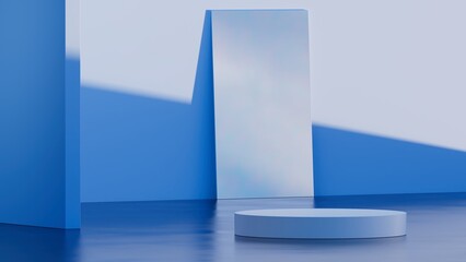 3d mock-up podium, Sky in mirror, Blue colors. Modern platform for product or cosmetics presentation. Bright contemporary backdrop. Render scene.