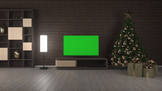 Christmas Living Room With Television. TV screen with a blank green background. 3d rendering