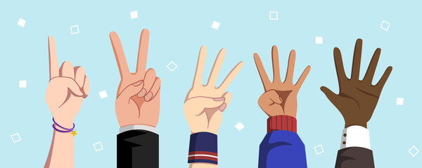 Hand holding counting number, Hands showing numbers one, two, three, four, five. 