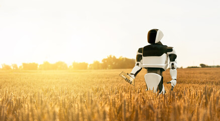 Robot farmer with digital tablet on an agricultural wheat field. Smart farming concept	