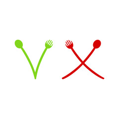 Green tick check mark and cross mark symbols icon element. Fork and spoon. Simple ok yes and no graphic design, checkmark symbol accepted and rejected, YES and NO button symbols for voting, web.