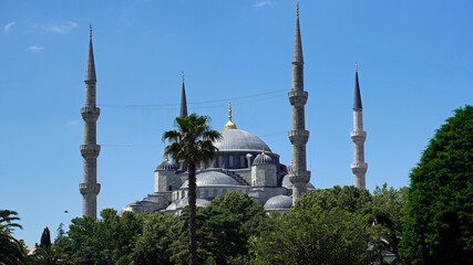 a gray mosque under a blue sky, green trees in the foreground, blue mosque, Istanbul, Turkey  