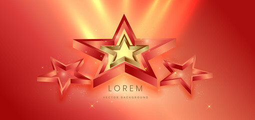 3d golden star with golden and red on red background with lighting effect and spakle. Template luxury premium award design.