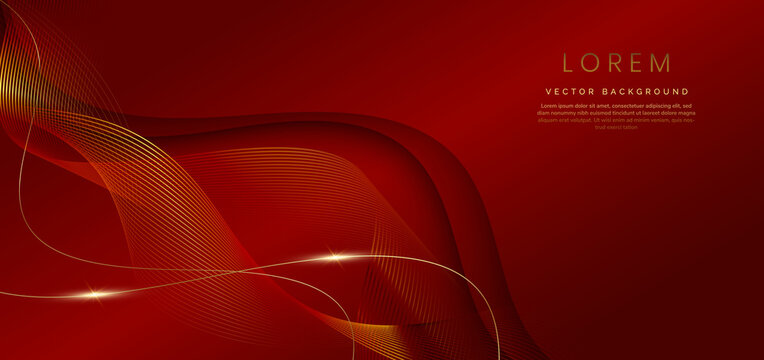 Abstract luxury golden lines curved overlapping on dark red background. Template premium award design.