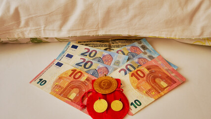 Traditional investment, money or euro, dollar and Turkish gold coins under the pillow 