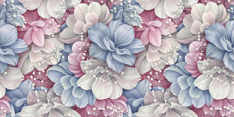 Watercolor hydrangea flowers. Seamless pattern, floral background. Luxury 3d wallpaper, premium texture. Pastel blue, pink, beige color palette. Beautiful wedding bouquets. Digital paper, mural art