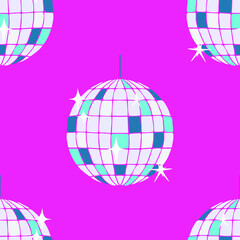 Seamless vector pattern with disco ball on purple background. Simple party fun wallpaper design. Decorative neon fashion textile.