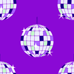 Seamless vector pattern with disco ball on purple background. Simple night club party wallpaper design. Decorative retro circle fashion textile.