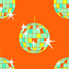 Seamless vector pattern with disco ball on orange background. Simple retro party wallpaper design. Decorative glitter fashion textile.