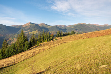 Beautiful view of autumn meadow and mountains at sunny day. Wonderful panoramic landscape under blue sky.