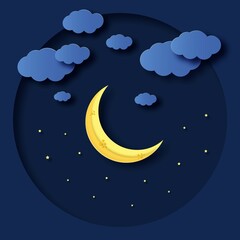Naklejka na ściany i meble Moon paper cut out. Happy Mid Autumn festival with beautiful moon, clouds and stars. Vector illustration for greeting cards, covers, flyers.