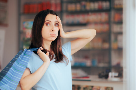 Stressed Pharmacy Customer Holding A Shopping Bag Feeling Confused - Unwell Woman Forgetting What To Buy From A Drugstore
