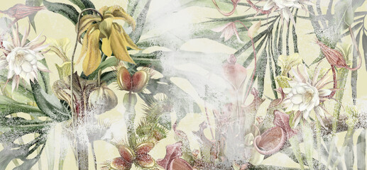 Fototapety  flowers leaves tropical plants on a textured background photo wallpaper