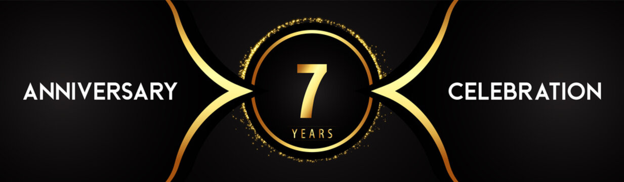 7 years anniversary celebration logotype with circle glitter sparkle on black background. Premium design for banner, birthday party, weddings, event party, graduation, poster, greetings card.