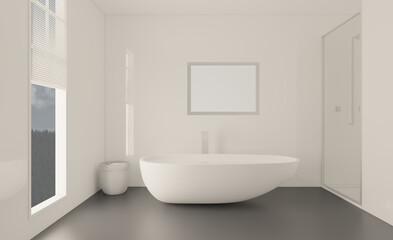Naklejka na ściany i meble Freestanding bath with towels in grey modern bathroom. 3D rendering.