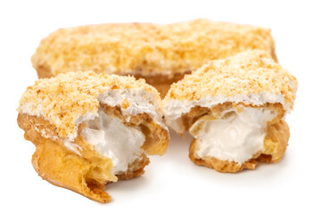 eclairs with protein cream fills isolated on white background
