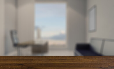 Modern office building interior. 3D rendering.. Mockup.   Empty. Background with empty wooden table. Flooring.